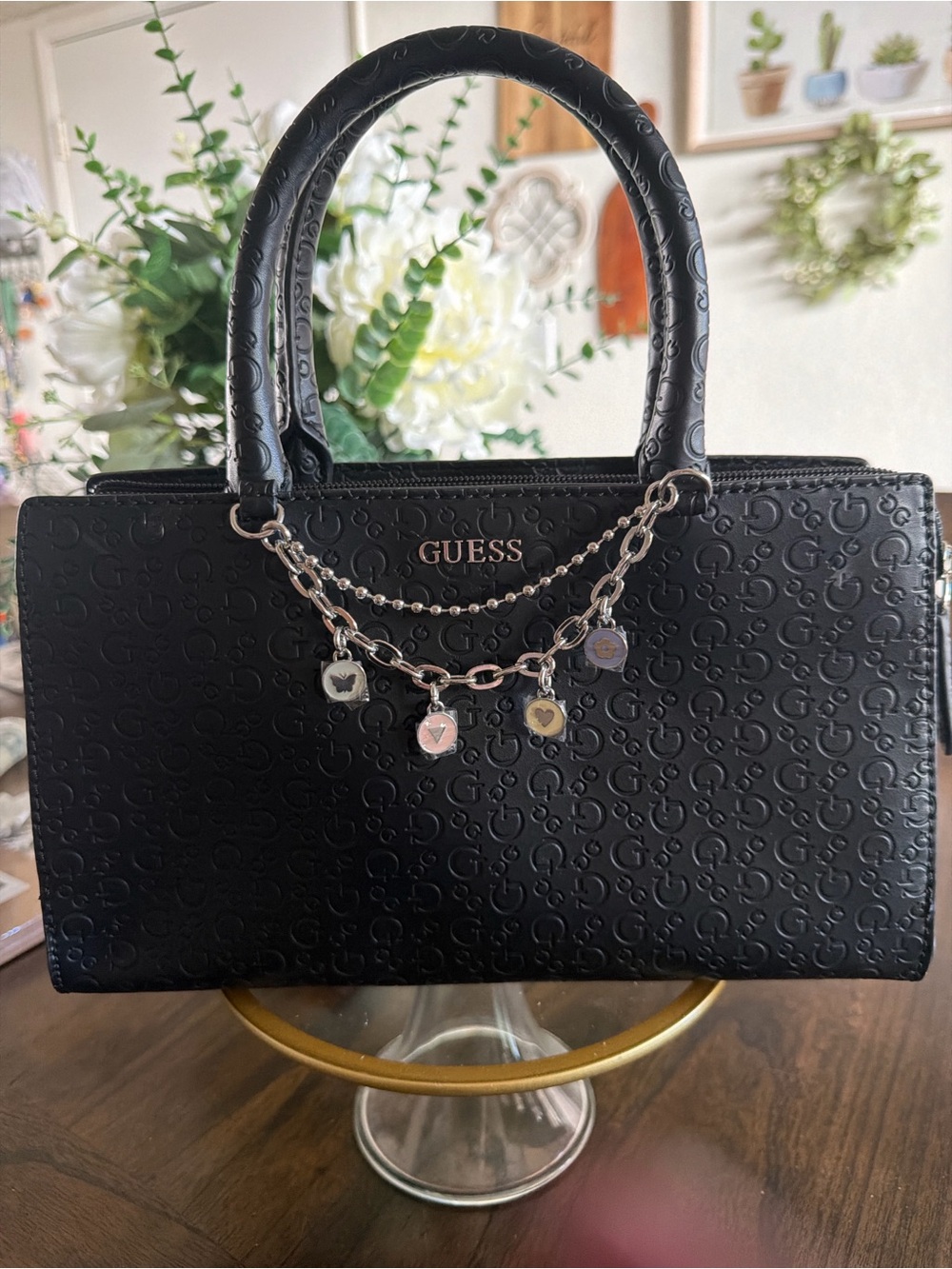 GUESS Black Embossed Logo Satchel with Silver Charm Chain